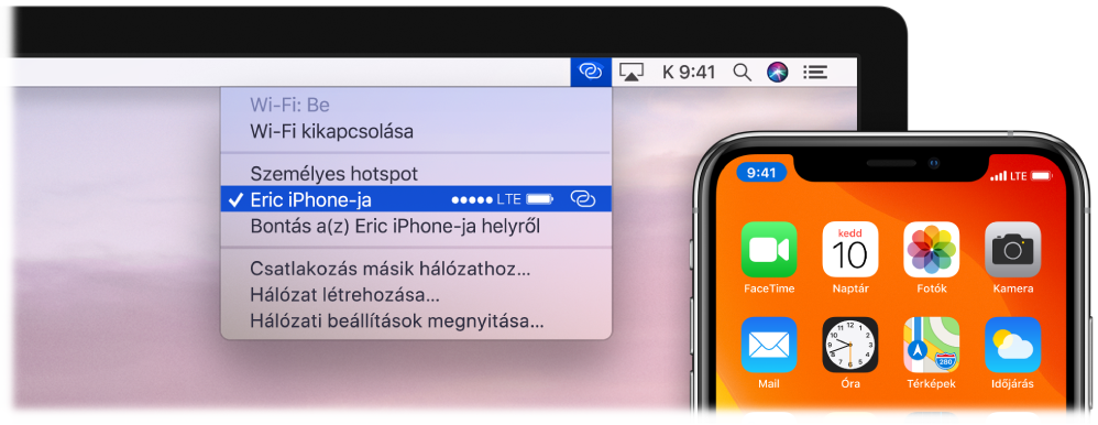 Mac gép képernyője a Wi-Fi menüvel, amelyben az látható, hogy egy iPhone egy személyes hotspothoz kapcsolódik.