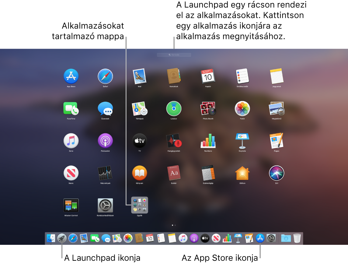 Egy Mac gép képernyője a megnyitott Launchpad alkalmazással, amelyben az alkalmazások mappája látható, valamint a Launchpad és az App Store ikonjaival a Dock területén.