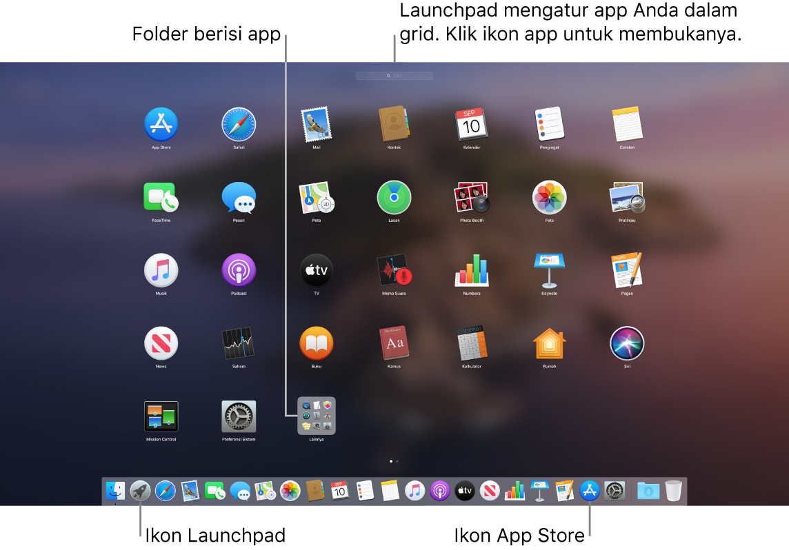 Layar Mac dengan Launchpad terbuka, menampilkan folder app di Launchpad, dan ikon Launchpad dan App Store di Dock.