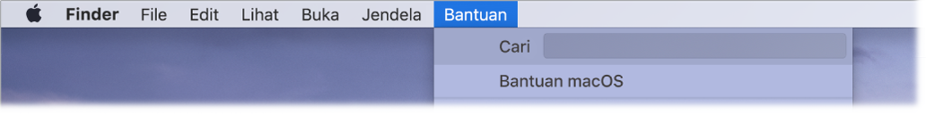 Desktop terpisah dengan menu Bantuan terbuka, menampilkan pilihan menu untuk Pencarian dan Bantuan macOS.