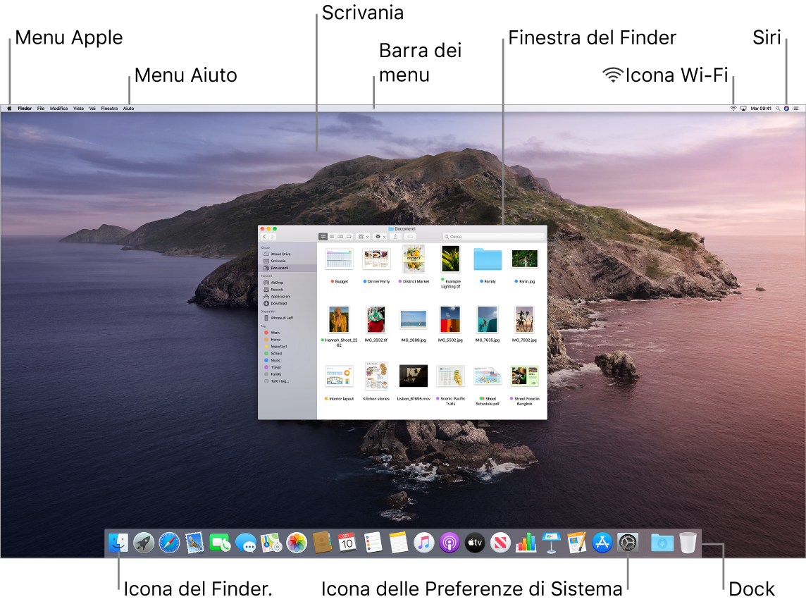 Schermo del Mac che mostra il menu Apple, il menu Aiuto, la scrivania, la barra dei menu, una finestra del Finder, l'icona del Wi-Fi, l'icona di Siri, il Dock, l'icona del Finder e l'icona di Preferenze di Sistema.
