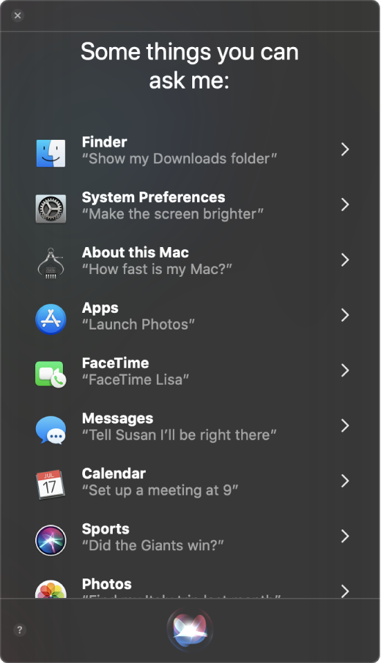 «Some things you can ask me» тақырыбы және «Did the Giants win?» сияқты қарапайым Siri сұраулары бар Siri терезесі.