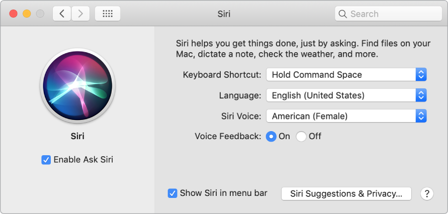 Сол жағында Enable Ask Siri параметрі таңдалған, ал оң жағында Siri көмекшісін теңшеуге арналған бірнеше параметрлер бар Siri preferences терезесі.