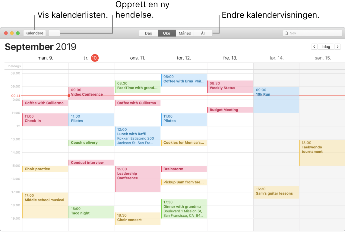 Et Kalender-vindu som viser hvordan du oppretter en hendelse, viser kalenderlisten og velger dag-, ukes-, måneds- eller årsvisning.