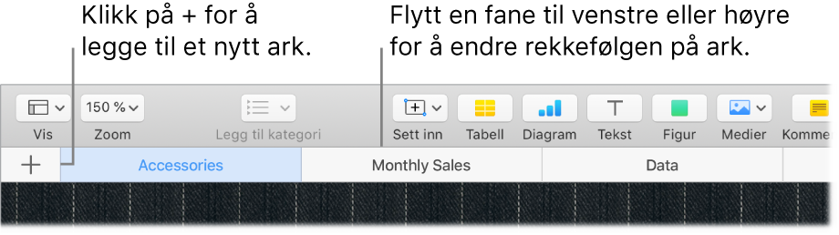 Numbers-vindu som viser hvordan du legger til et nytt ark og hvordan du omorganiserer ark.