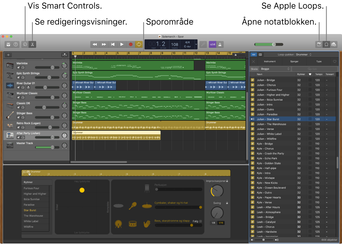 Et GarageBand-vindu som viser knappene for tilgang til Smart Controls, redigerere, notater og Apple Loops. Det viser også sporvisningen.