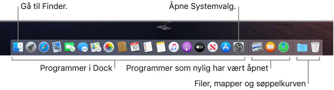 Dock, som viser Finder, Systemvalg og linjen i Dock som skiller programmer fra filer og mapper.