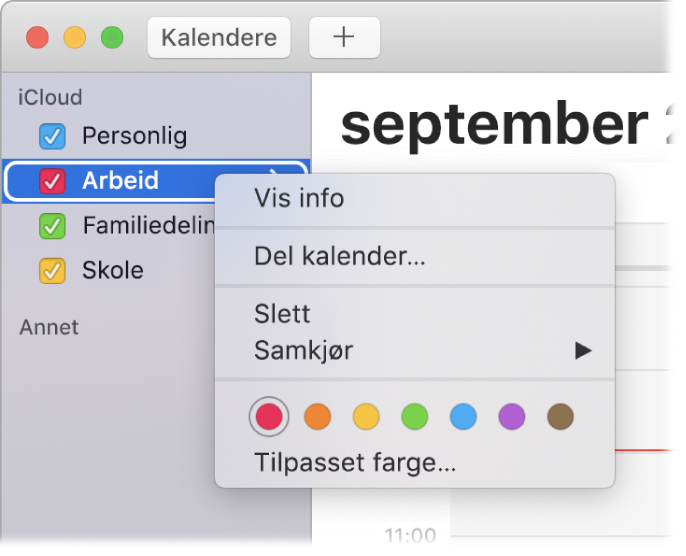 Kalender-snarveismenyen med alternativer for å endre fargen for en kalender.