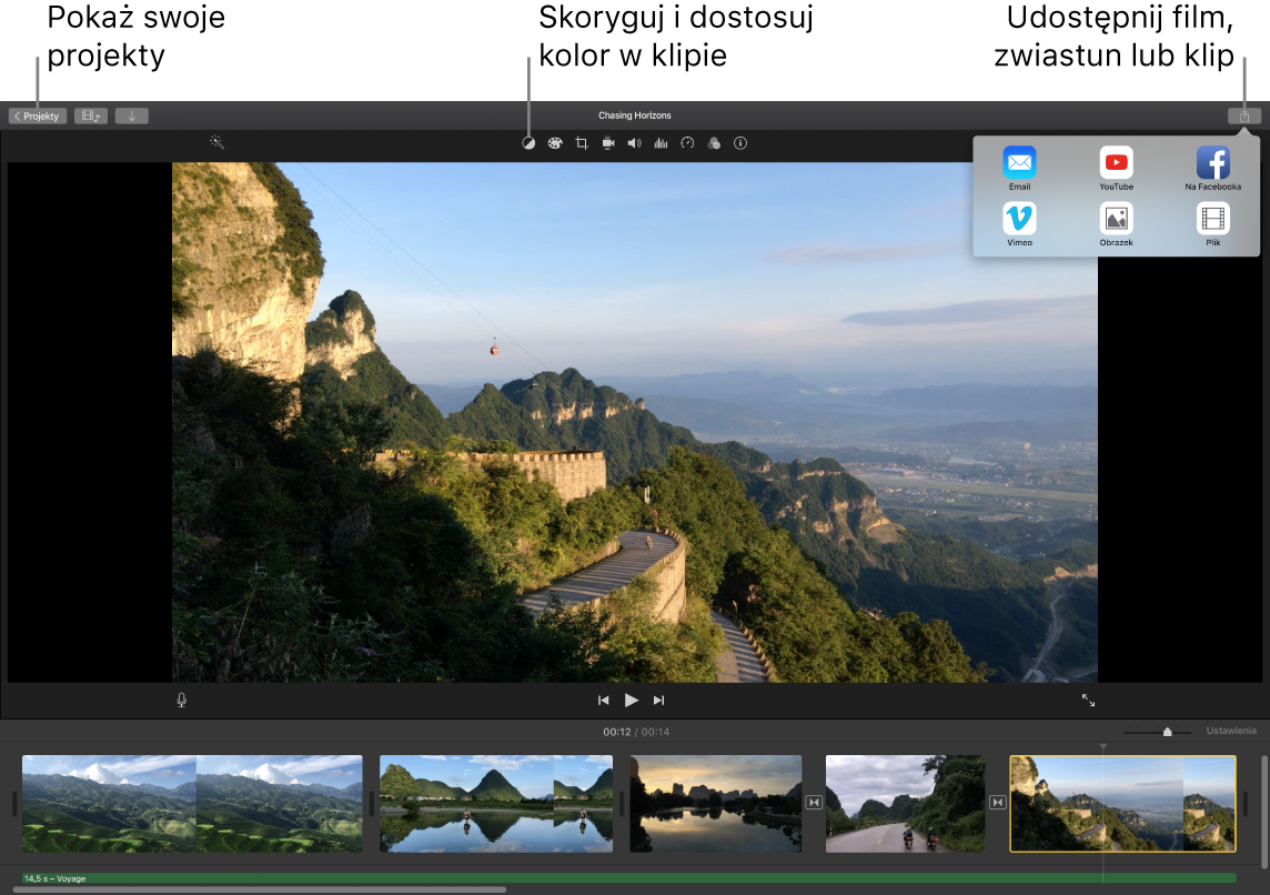 Okno iMovie przedstawiające przyciski do wyświetlania projektów, poprawiania i dostosowywania koloru oraz udostępniania filmu, zwiastuna lub klipu filmowego.