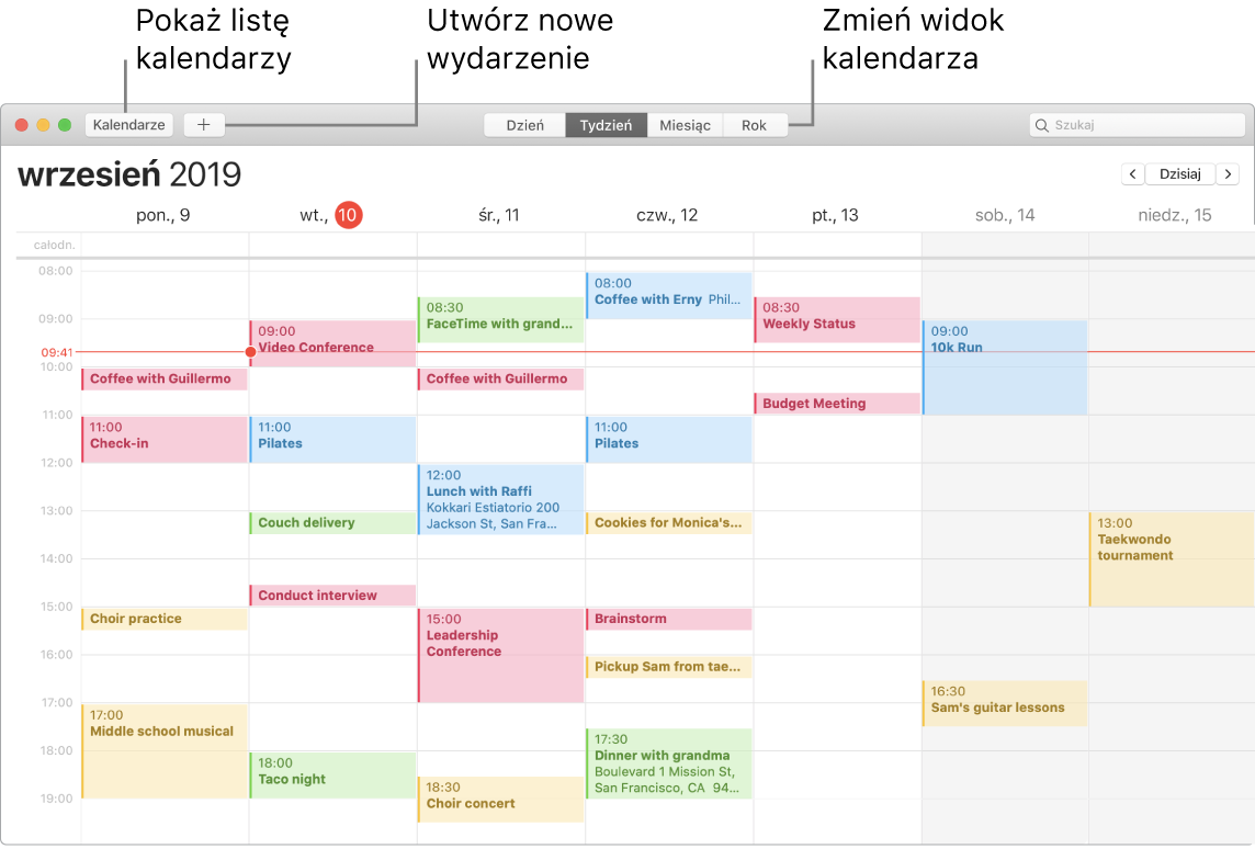 Okno Kalendarza pokazujące sposób tworzenia wydarzenia, wyświetlania listy kalendarzy oraz wybierania widoku dnia, tygodnia, miesiąca lub roku.