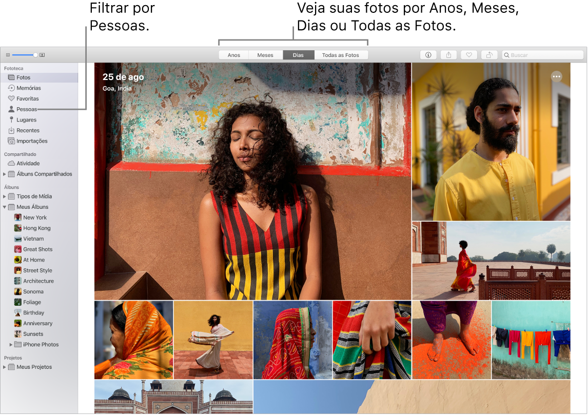 Uma janela do app Fotos mostrando como filtrar as fotos em seu álbum de várias formas diferentes.