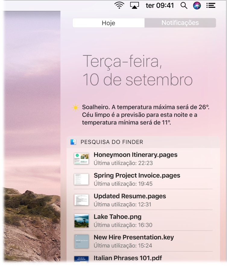 Parte da secretária visível, a mostrar a central de notificações aberta com o separador Hoje selecionado.