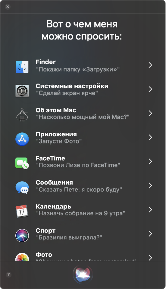 Окно Siri с заголовком «О чем меня можно спросить» и примерами запросов к Siri, например «Ростов выиграл?».