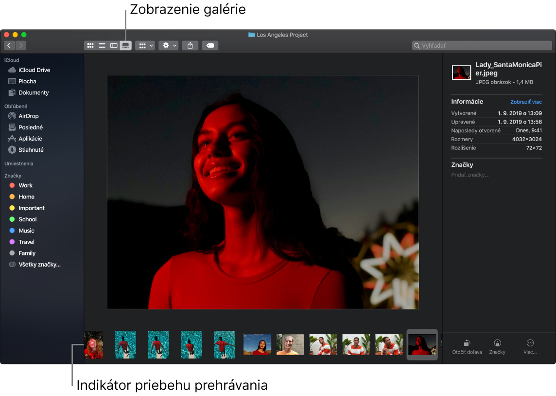 Zobrazenie galérie v otvorenom okno Findera zobrazujúce veľkú fotku spolu s riadkom menších fotiek (posuvnou lištou) pod ňou. Ovládacie prvky na otáčanie, označovanie a ďalšie akcie sú vpravo od posuvnej lišty.