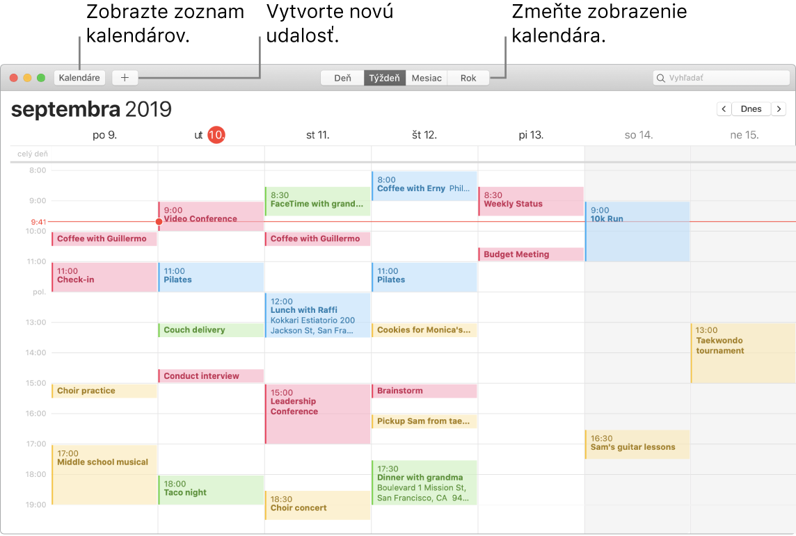 Okno aplikácie Kalendár zobrazujúce, ako vytvoriť udalosť, zobraziť zoznam kalendára a vybrať zobrazenie Deň, Týždeň, Mesiac a Rok.