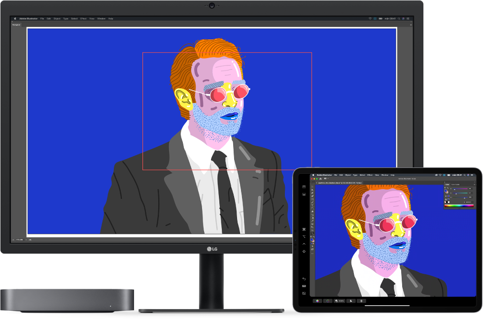 En Mac mini och en iPad sida vid sida. Mac mini visar konst i navigatorfönstret i Illustrator. iPad visar samma konst i dokumentfönstret med verktygsfält runtom i Illustrator.