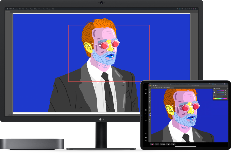 En Mac mini och en iPad sida vid sida. Mac mini visar konst i navigatorfönstret i Illustrator. iPad visar samma konst i dokumentfönstret med verktygsfält runtom i Illustrator.