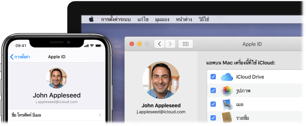 iPhone ที่แสดงการตั้งค่า iCloud และหน้าจอ Mac ที่แสดงหน้าต่าง iCloud
