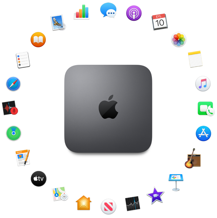 Aşağıdaki bölümlerde açıklanan yerleşik uygulamaların simgeleriyle çevrili bir Mac mini.