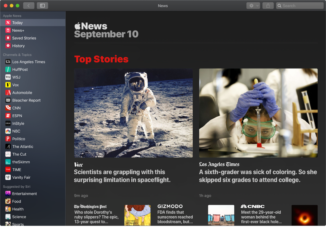 İzleme listesini ve Top Stories’i gösteren bir News penceresi.