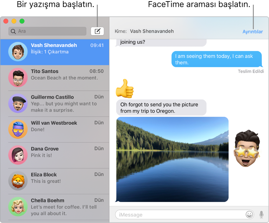 Bir yazışmanın ve FaceTime aramasının nasıl başlatılacağını gösteren bir Mesajlar penceresi.