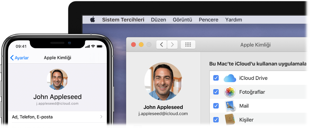 iCloud ayarlarını gösteren bir iPhone ile iCloud penceresini gösteren bir Mac ekranı.