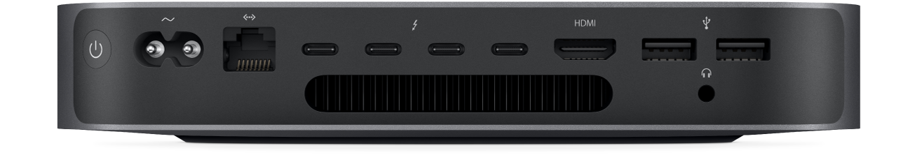 Mac mini’nin arkadan görüntüsü ve çeşitli bağlantı noktaları.