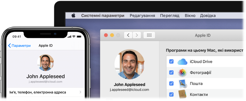 Пристрій iPhone із параметрами iCloud і екран Mac, на якому показано вікно iCloud.