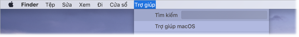 Một phần của màn hình nền với menu Trợ giúp được mở, đang hiển thị các tùy chọn menu cho Tìm kiếm và Trợ giúp macOS.