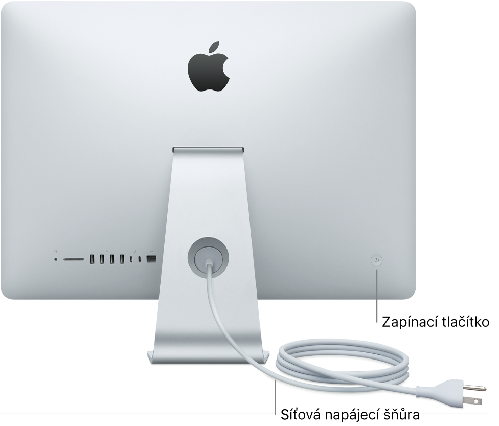 Zobrazení zadní strany iMacu se síťovou napájecí šňůrou a zapínacím tlačítkem.