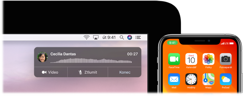 Obrazovka Macu, na níž je v pravém horním rohu vidět okno oznámení hovoru, a iPhone s informací o probíhajícím hovoru na Macu.