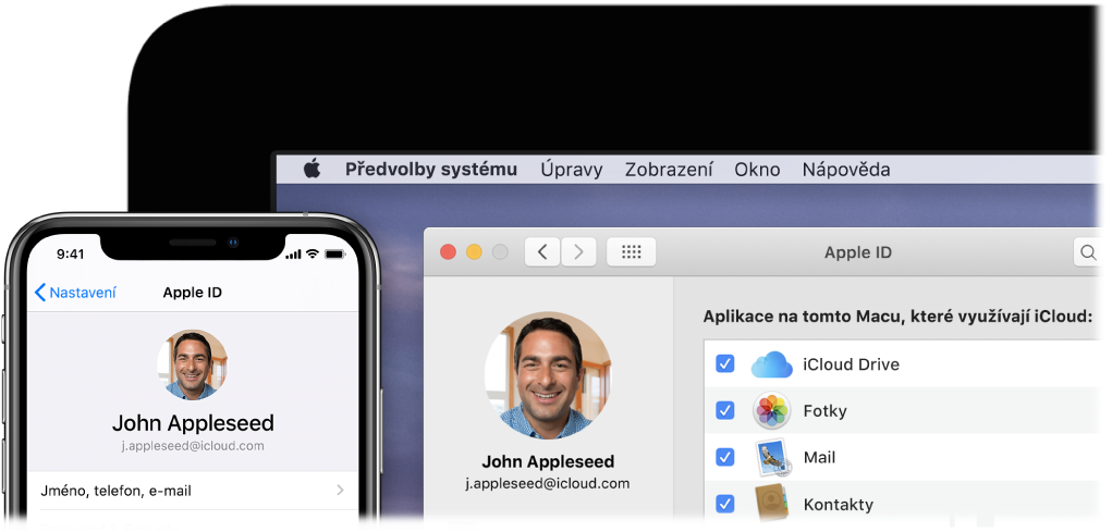 iPhone s nastaveními iCloudu a obrazovka Macu s oknem iCloudu