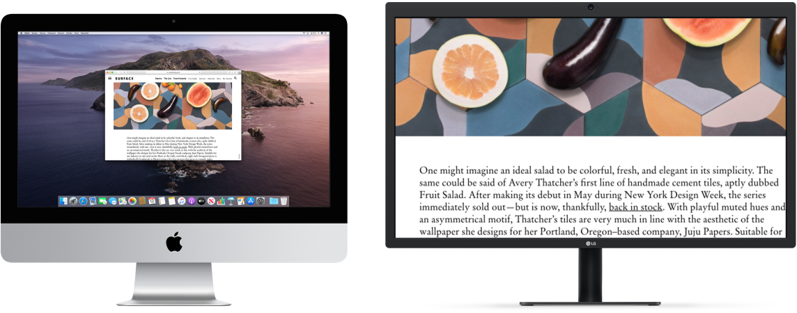 Plocha sekundárního monitoru, na které je aktivní funkce Monitor s přiblížením, zatímco na displeji iMacu zůstává obrazovka ve standardní velikosti.