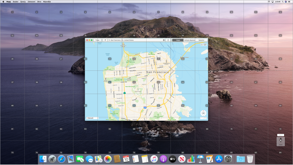 Aplikace Mapy otevřená na ploše a překrytá mřížkou