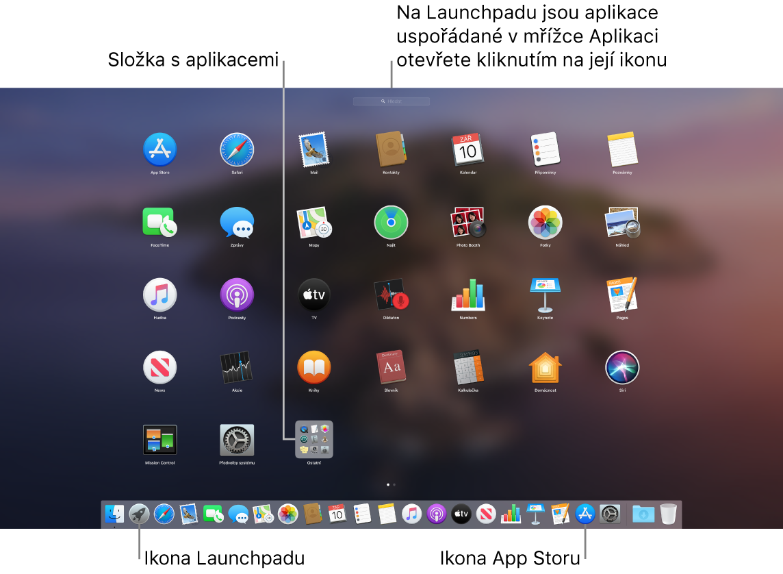 Obrazovka Macu s otevřeným Launchpadem, na které je vidět složka aplikací v Launchpadu a také ikony Launchpadu a App Storu v Docku
