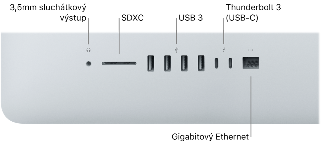 iMac s 3,5mm sluchátkovým portem, slotem pro SDXC karty, porty USB 3, porty Thunderbolt 3 (USB‑C) a portem gigabitového Ethernetu