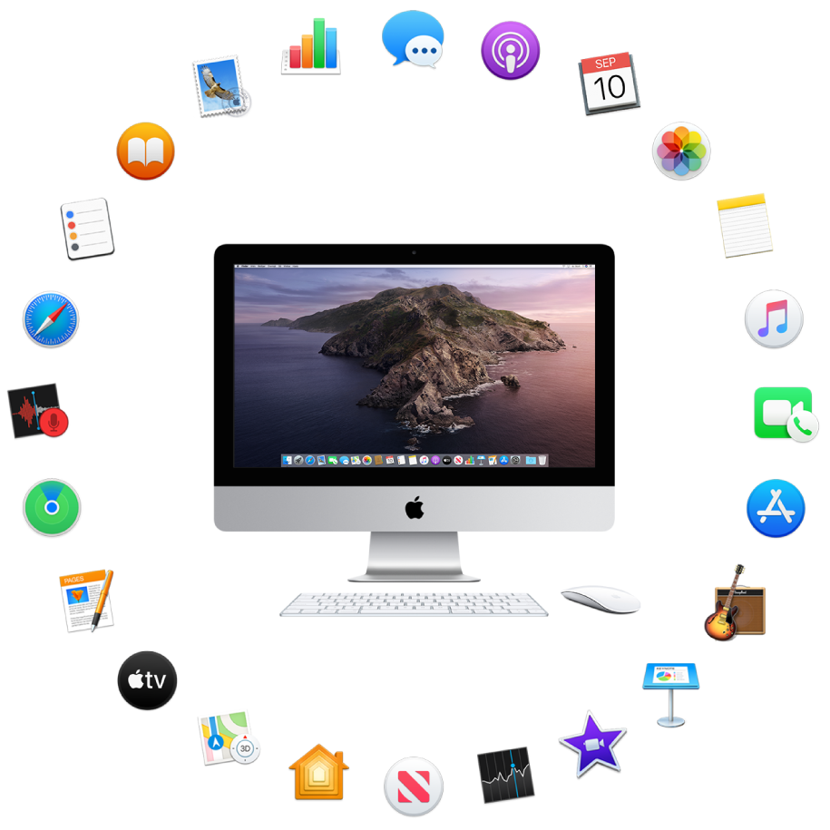 En iMac omgivet af symbolerne for de indbyggede programmer, der beskrives i de følgende afsnit.