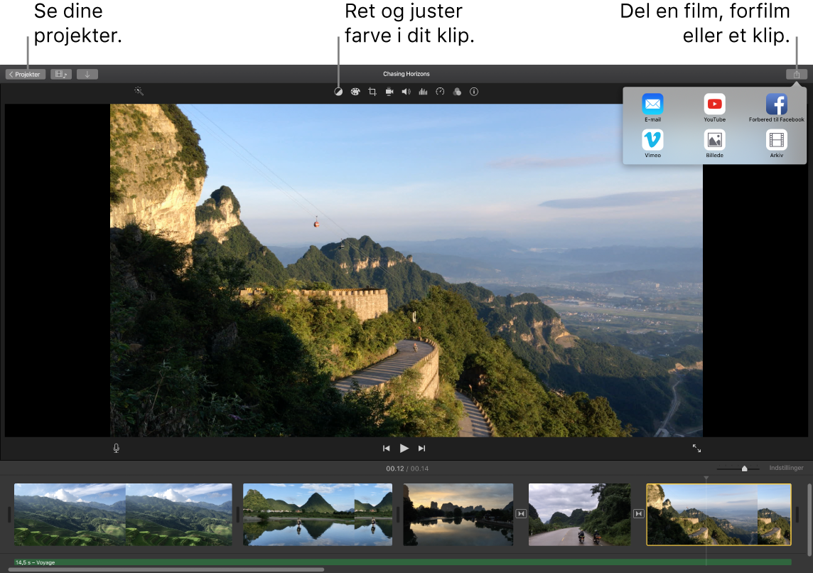 Et iMovie-vindue, der viser knapper til at få vist projekter, korrigere og justere farver og dele din film, din forfilm eller dit filmklip.
