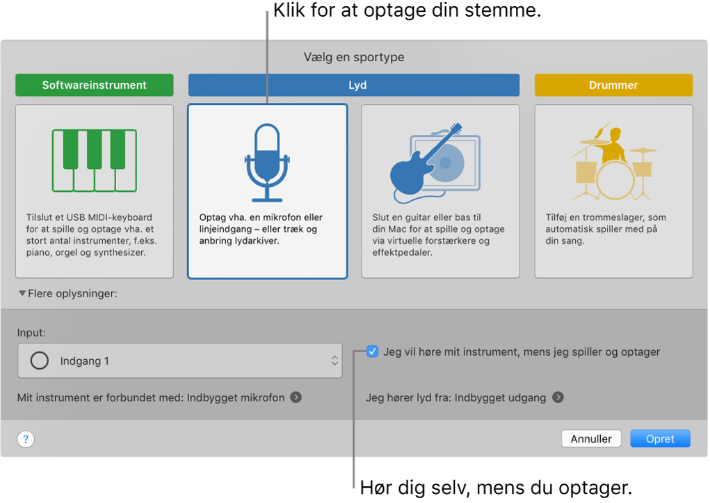 Instrumentvinduet i GarageBand viser, hvor du skal klikke for at optage din stemme og for at høre dig selv, når du optager.