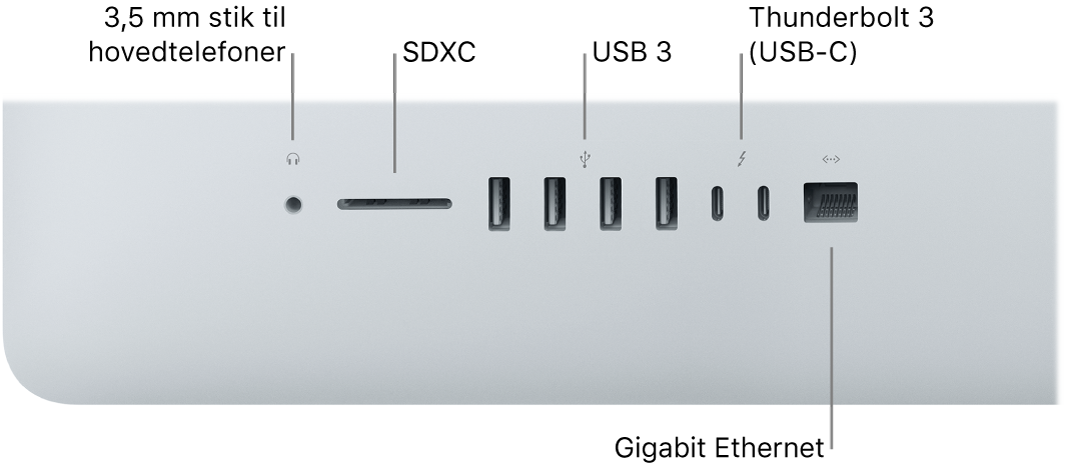 En iMac, der viser stikket på 3,5 mm til hovedtelefoner, SDXC-kortplads, USB 3-porte, Thunderbolt 3-porte (USB-C) og Gigabit Ethernet-porten.