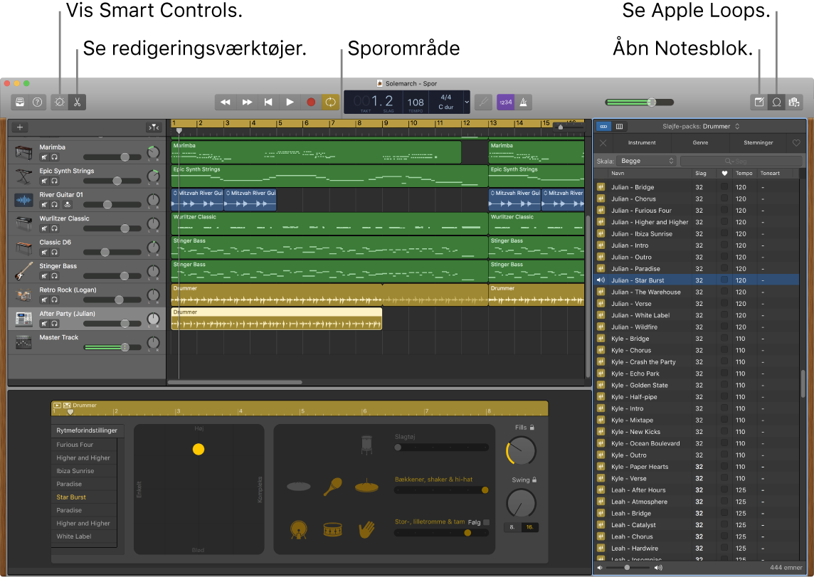 Et GarageBand-vindue med knapper til Smart Controls, Redigeringsværktøjer, Noter og Apple Loops. Oversigten over spor vises også.