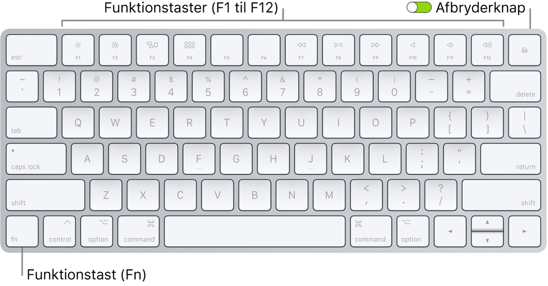 Magic Keyboard viser funktionstasten (Fn) i nederste venstre hjørne og afbryderknappen i øverst højre hjørne af tastaturet.