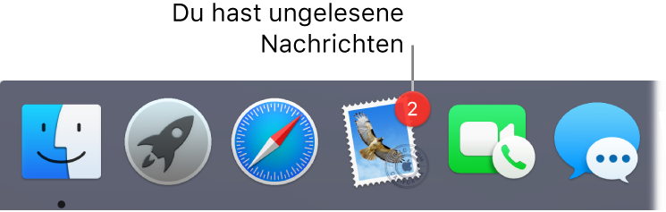 Abschnitt im Dock mit dem Symbol der App „Mail“, die mit einem Kennzeichen versehen ist, das die Anzahl der ungelesenen Mails angibt