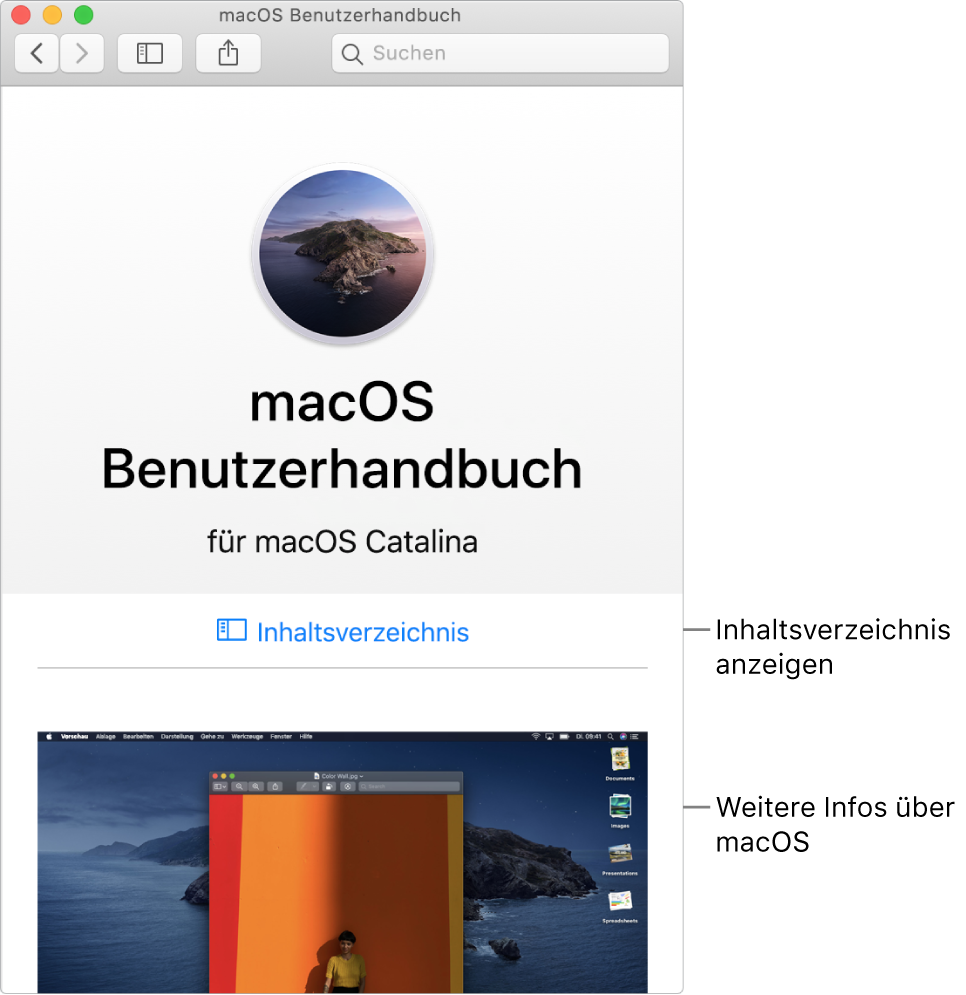 Die Startseite des macOS – Benutzerhandbuchs mit dem Link zum Inhaltsverzeichnis