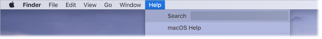 A partial desktop with the Help menu open, showing menu options for Search and macOS Help.