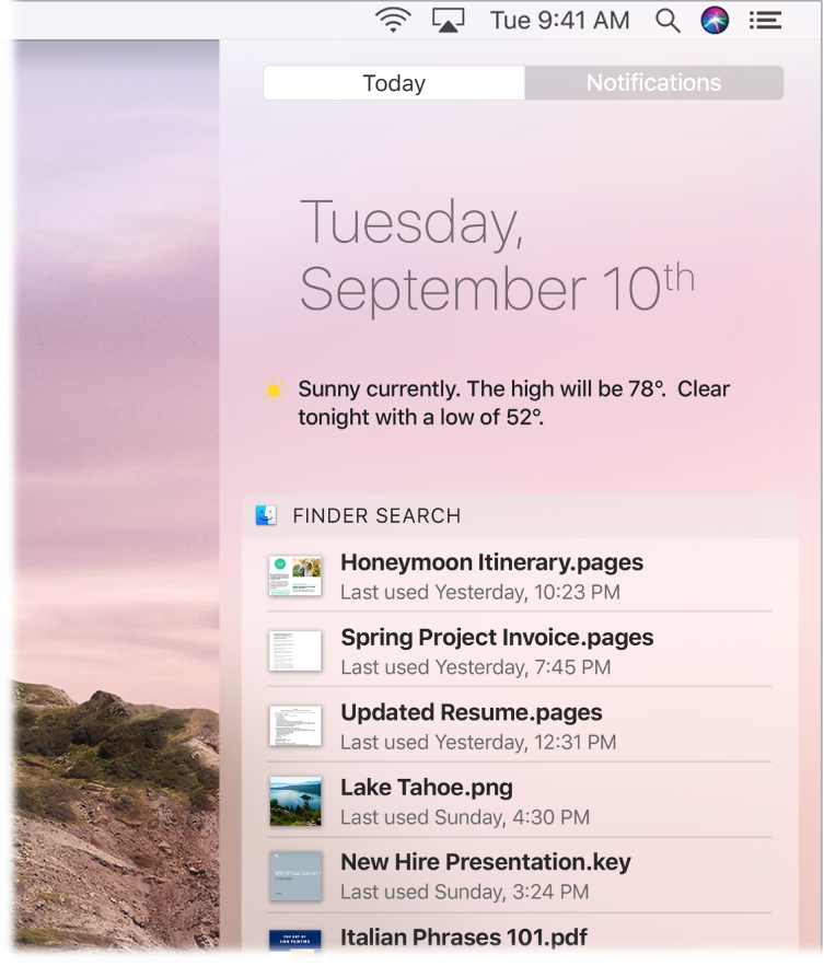 A partial desktop screen showing Notification Center open with the Today tab selected.