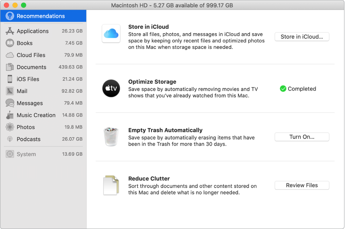 The Recommendations preferences for storage, showing the options Store in iCloud, Optimize Storage, Erase Trash Automatically, and Reduce Clutter.