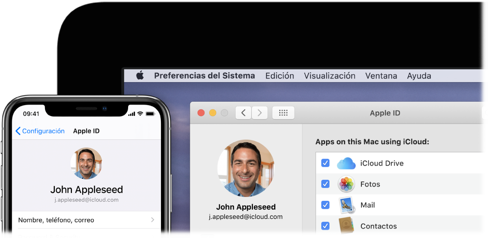 Un iPhone mostrando la configuración de iCloud y una Mac mostrando la ventana de iCloud.