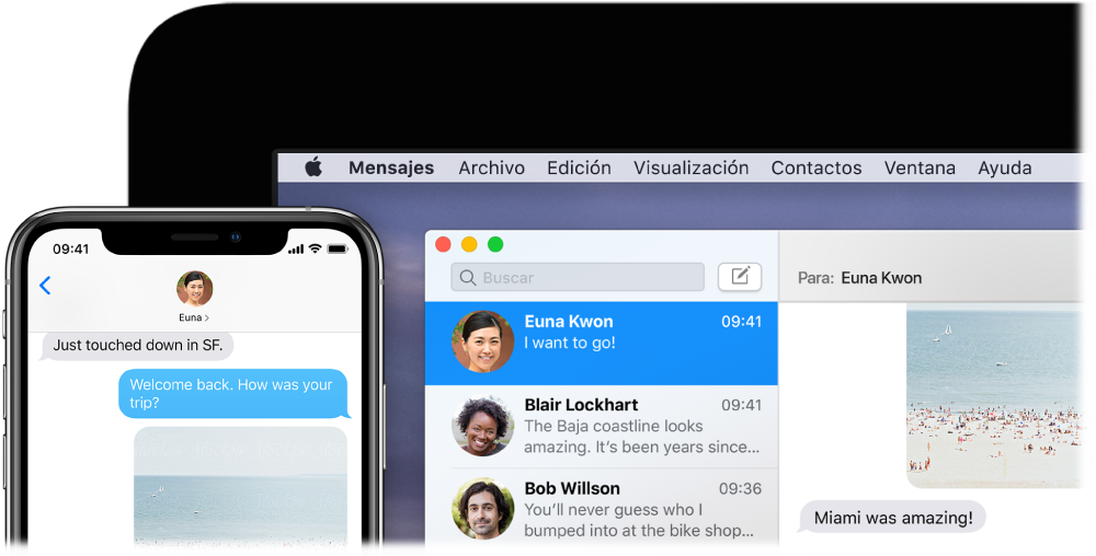 La app Mensajes abierta en una Mac mostrando la misma conversación en Mensajes en un iPhone.