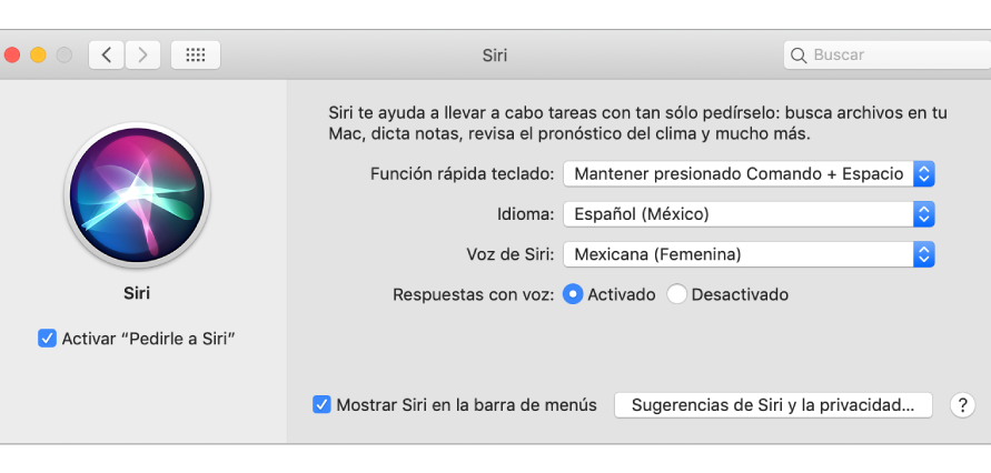 La ventana del panel de preferencias Siri con la opción "Activar 'Pedirle a Siri'" seleccionada en la izquierda, y varias opciones para personalizar a Siri en la derecha.